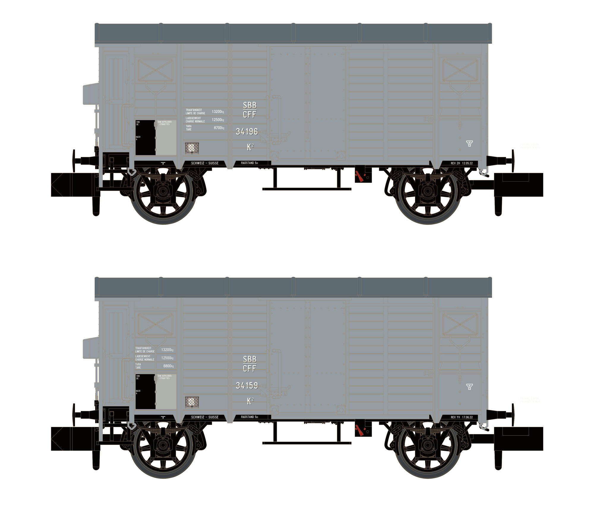 Hobbytrain H24204 SBB 2 gedeckte Güterwagen K2  grau  Ep. II